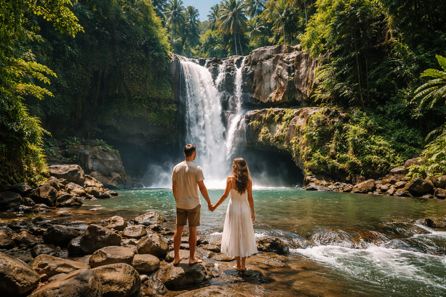beautifull Tegenungan waterfall with couple